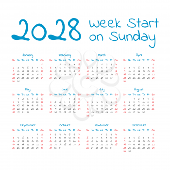 Simple 2028 year calendar, week starts on sunday