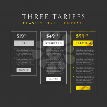 Price list, three tariffs for website or landing page in a classic vintage style