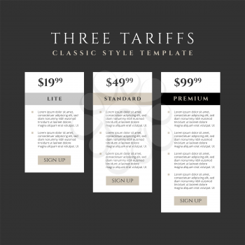 Price list, three tariffs for website or landing page in a classic vintage style