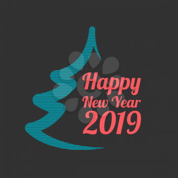 Happy New Year 2019 banner with Christmas tree on a black background
