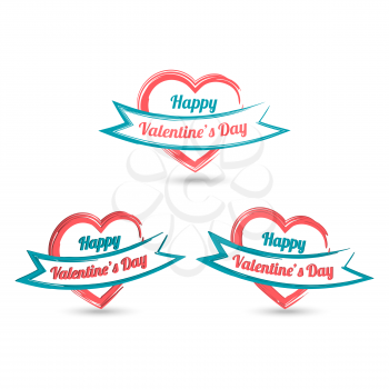 Happy Valentine day hearts set with ribbons and shadows on white background