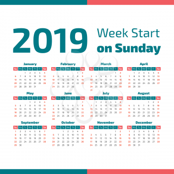 Simple 2019 year calendar, week starts on Sunday