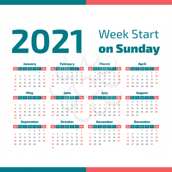 Simple 2021 year calendar, week starts on Sunday