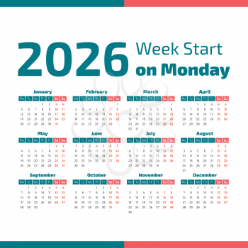 Simple 2026 year calendar, week starts on Monday