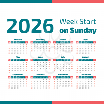 Simple 2026 year calendar, week starts on Sunday