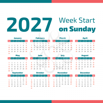 Simple 2027 year calendar, week starts on Sunday