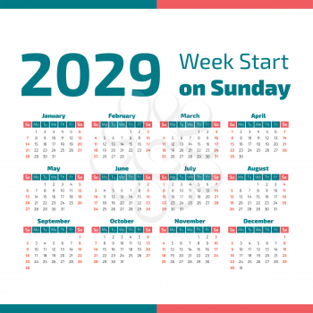 Simple 2029 year calendar, week starts on sunday