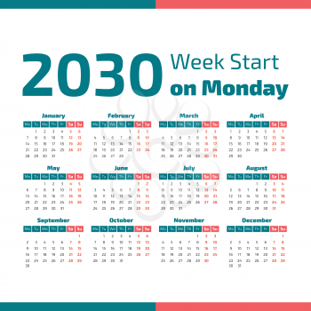 Simple 2030 year calendar, week starts on Monday