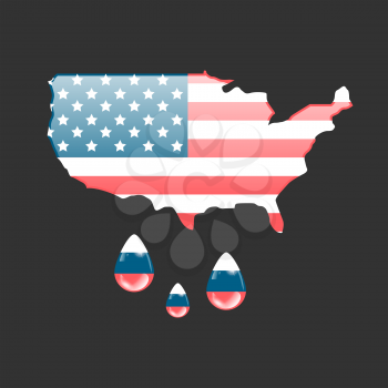 Illustration of USA map with russian flag water drops