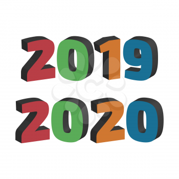 2019 and 2020 year color three dimensional signs on white background