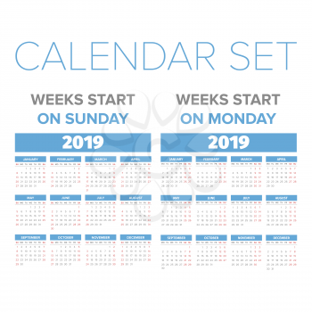 Simple 2019 year calendar set, week starts on Sunday and Monday