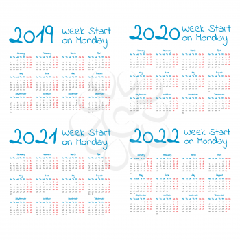 Simple 2019-2022 year calendar set, week starts on Monday