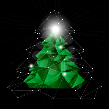 Low poly christmas tree on the black background with shiny lights