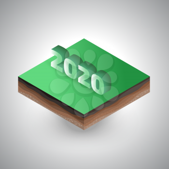 Isometric 2020 year sign on the piece of the soil