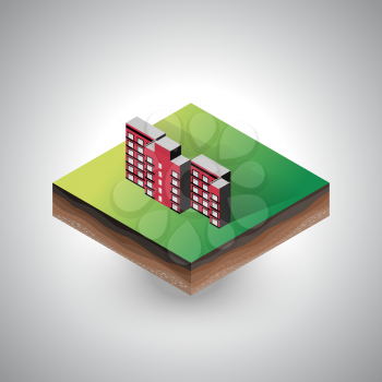 Isometric residential building on the piece of soil with shadow