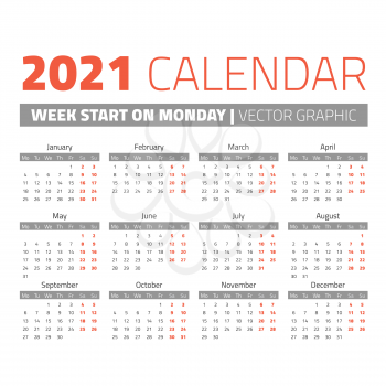Simple 2021 year calendar, week starts on Monday