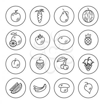 Fruits and vegetables outline icon set on white background