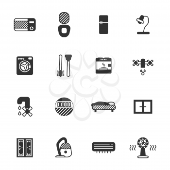 Black icon collection on white, household appliances