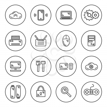 outline IT icon set in circles on white background