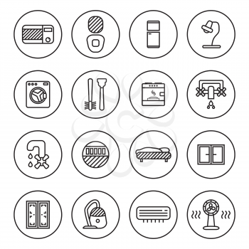 Outline circle icon collection on white, household appliances