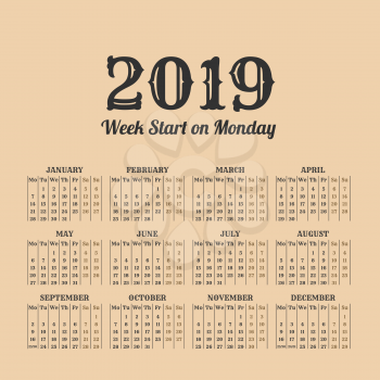 2019 year calendar in the vintage style on a beige background
