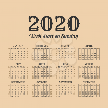 2020 year calendar in the vintage style on a beige background