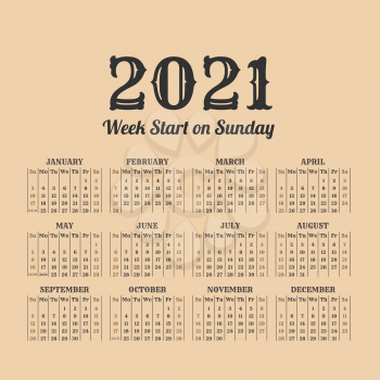 2021 year calendar in the vintage style on a beige background