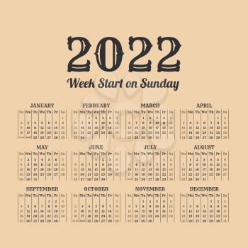 2022 year calendar in the vintage style on a beige background