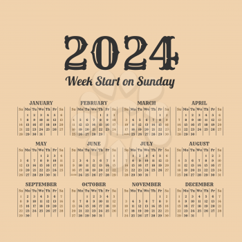 2024 year calendar in the vintage style on a beige background
