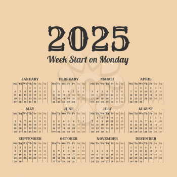 2025 year calendar in the vintage style on a beige background