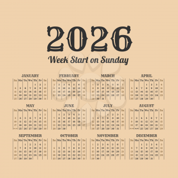 2026 year calendar in the vintage style on a beige background