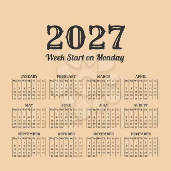 2027 year calendar in the vintage style on a beige background