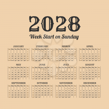 2028 year calendar in the vintage style on a beige background