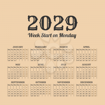 2029 year calendar in the vintage style on a beige background