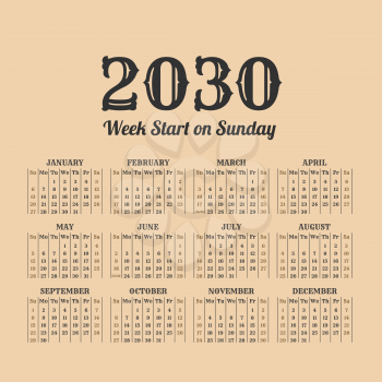 2030 year calendar in the vintage style on a beige background