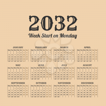 2032 year calendar in the vintage style on a beige background