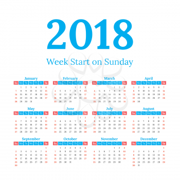 Simple classic style 2018 year calendar, week starts on sunday