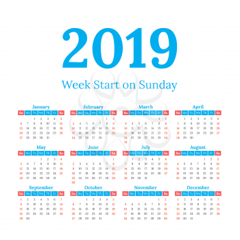 Simple classic style 2019 year calendar, week starts on sunday