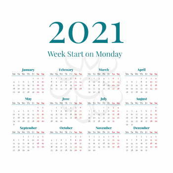 Simple classic style 2021 year calendar, week starts on monday