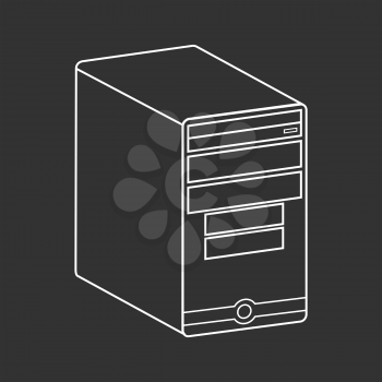 Desktop computer outlined illustration on black background