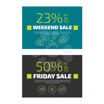 Weekend and friday sale banners set on emerald green and black backgrounds