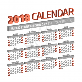 Three dimensional 2018 year calendar, week starts on sunday