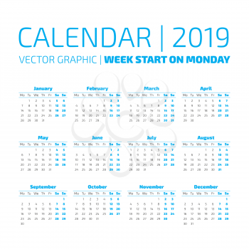 Simple 2019 year calendar, week starts on monday