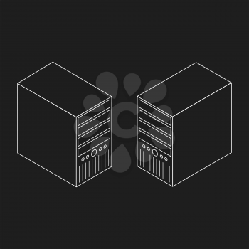 Outline isometric vector icon set. Desktop computers on the black background