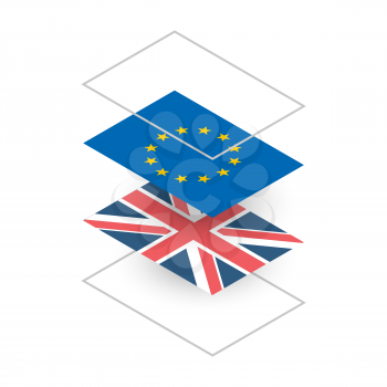 Brexit themed illustration with EU and UK flags in isometric projection