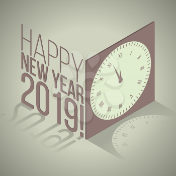 New Year 2019 isometric retro banner with clock