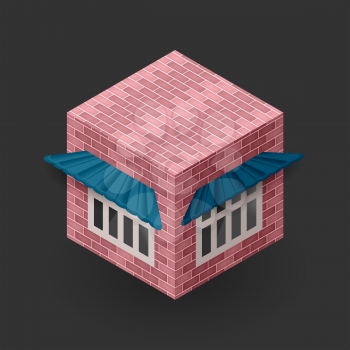 Isometric illustration with the house block, window and tent