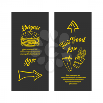 Fastfood banners set. Golden images on the black background