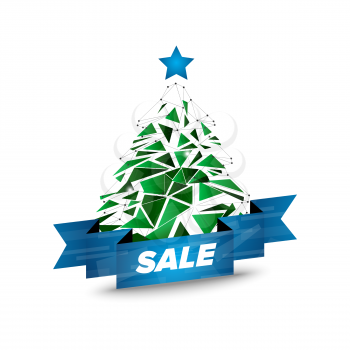 Low poly Christmas tree icon with the blue award ribbon