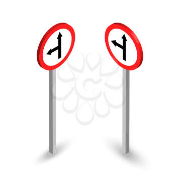 Left and straight road sign. Isometric set on white background